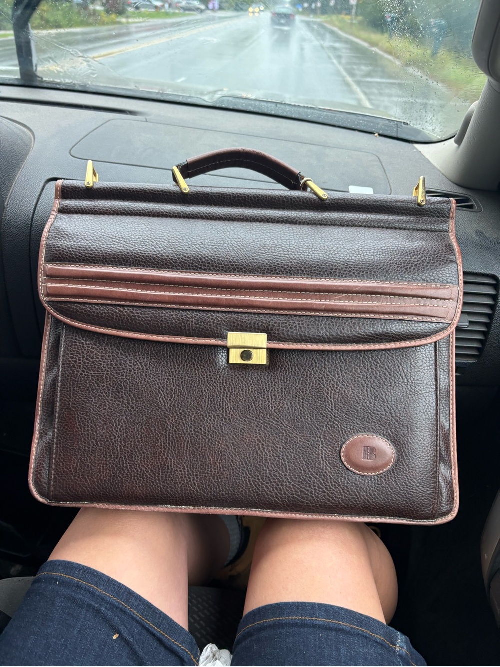 Classic Brown Leather Briefcase with Brass Hardware